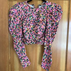 Zara ruched floral top with puffy sleeves